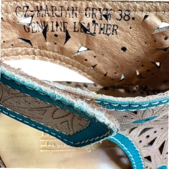 Spring Step L' Artiste Marjan Graym Floral Leather Sandals - Tan/Blue - EU 38 - Picture 12 of 12